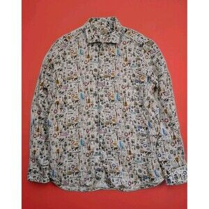 Silvery Sonrisa Luxury Linen Shirt XL Long Sleeve Vacation Theme All-Over Print